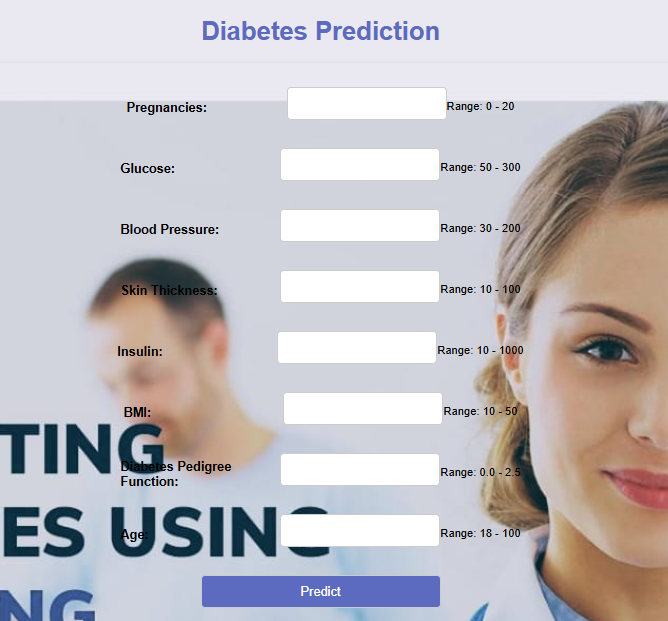 Diabetes Prediction Model Interface Screenshot